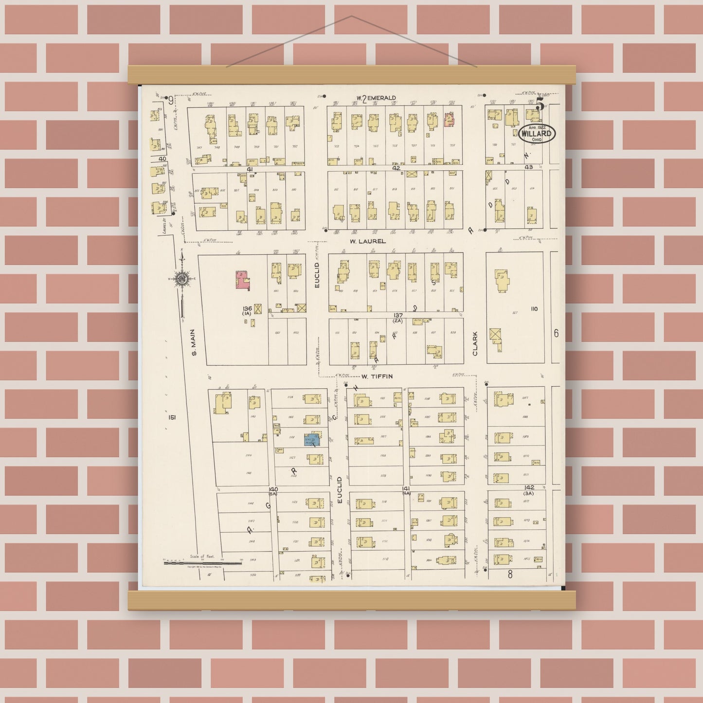 Old map wall art mockup — magnetic wood frame on brick wall — Sanborn Fire Insurance Map from Willard, Huron County, Ohio (1922), Sheet #0005