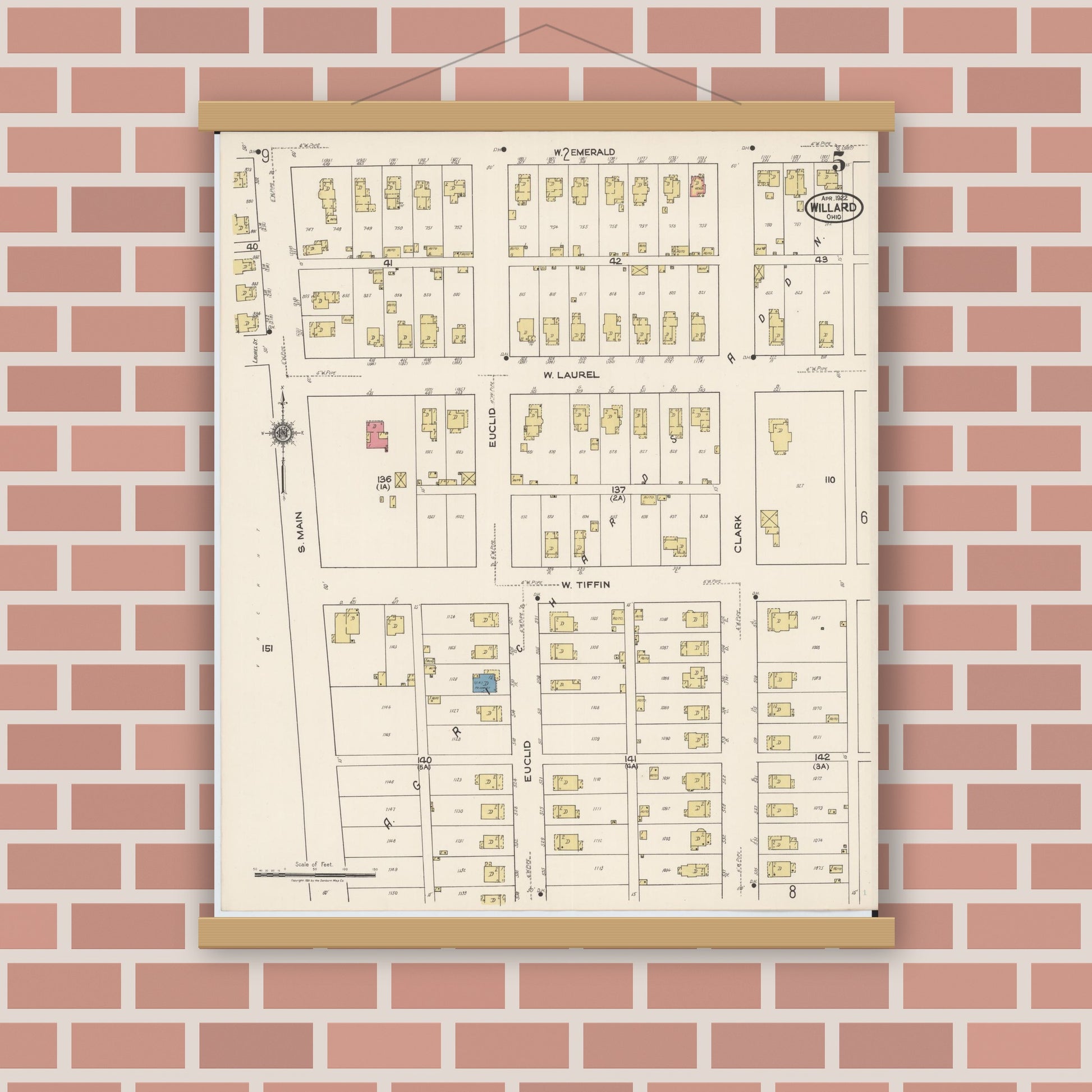 Old map wall art mockup — magnetic wood frame on brick wall — Sanborn Fire Insurance Map from Willard, Huron County, Ohio (1922), Sheet #0005