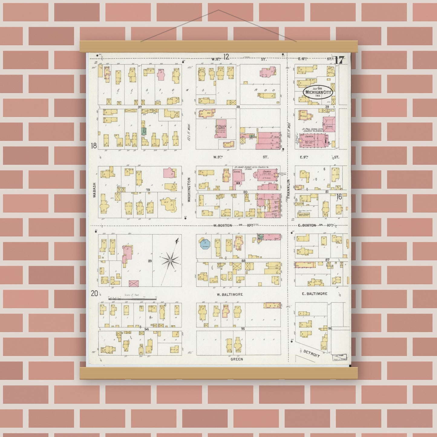 Old map wall art mockup — magnetic wood frame on brick wall — Sanborn Fire Insurance Map from Michigan City, La Porte County, Indiana (1899), Sheet #0017