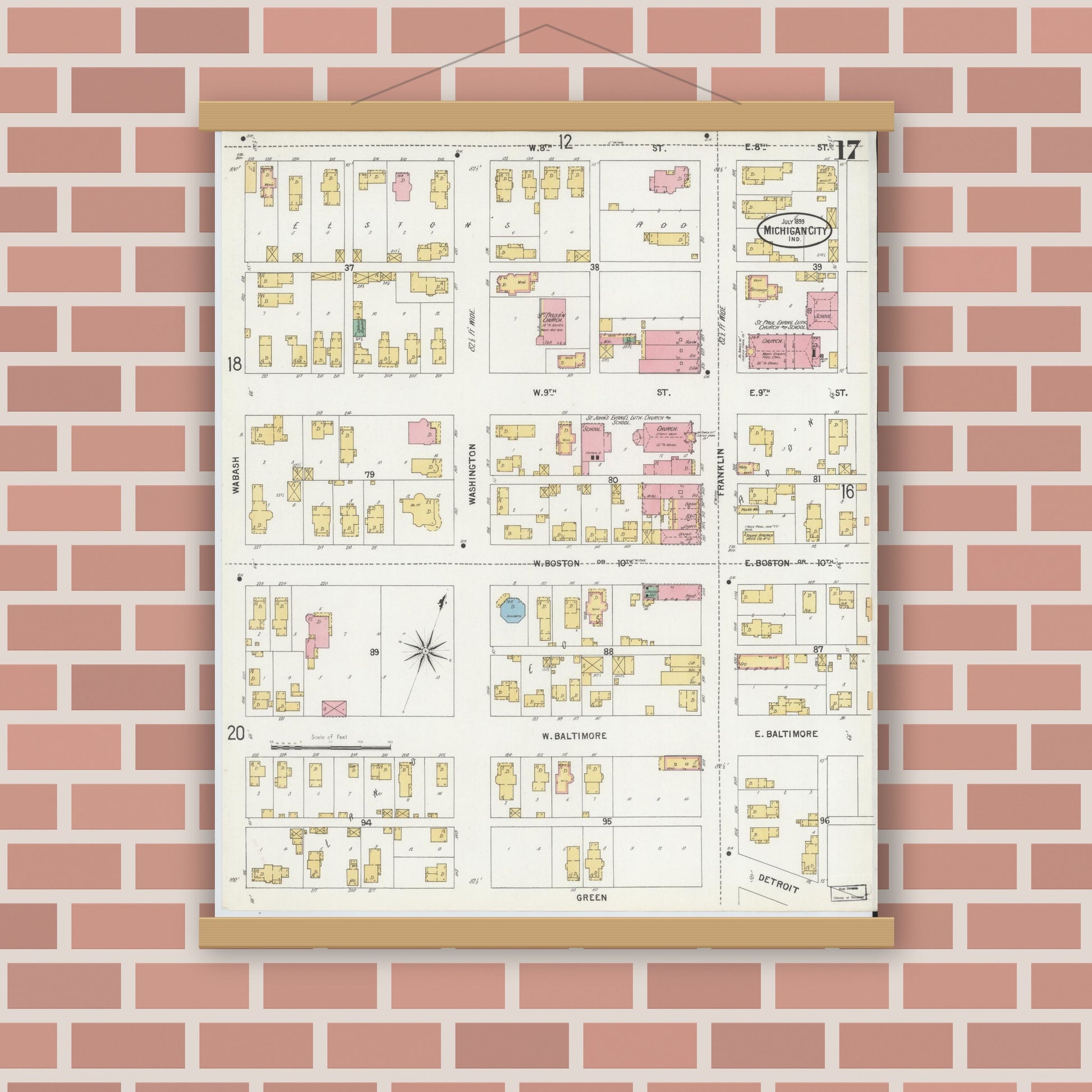 Old map wall art mockup — magnetic wood frame on brick wall — Sanborn Fire Insurance Map from Michigan City, La Porte County, Indiana (1899), Sheet #0017