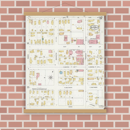 Old map wall art mockup — magnetic wood frame on brick wall — Sanborn Fire Insurance Map from Michigan City, La Porte County, Indiana (1899), Sheet #0017