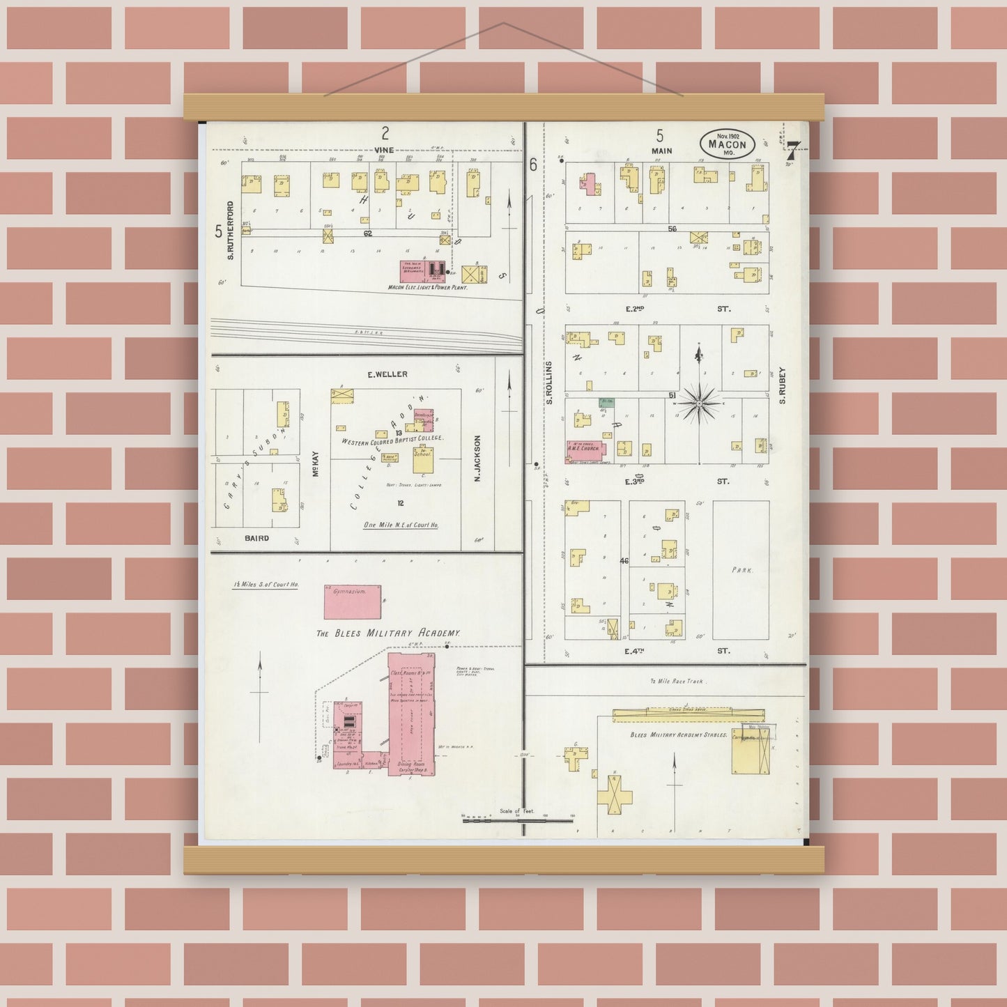 Old map wall art mockup — magnetic wood frame on brick wall — Sanborn Fire Insurance Map from Macon, Macon County, Missouri (1902), Sheet #0007