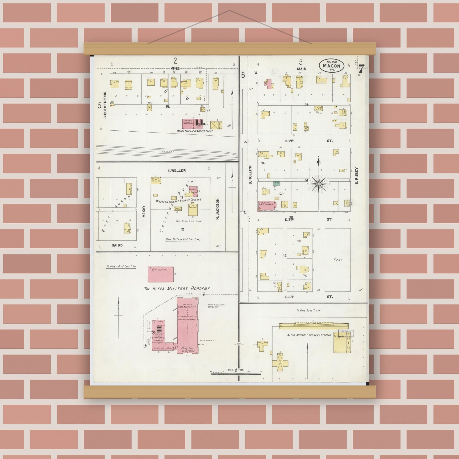Old map wall art mockup — magnetic wood frame on brick wall — Sanborn Fire Insurance Map from Macon, Macon County, Missouri (1902), Sheet #0007