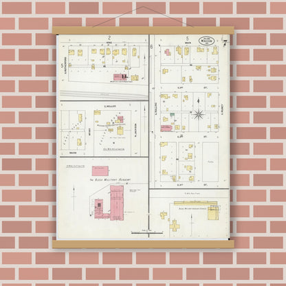 Old map wall art mockup — magnetic wood frame on brick wall — Sanborn Fire Insurance Map from Macon, Macon County, Missouri (1902), Sheet #0007