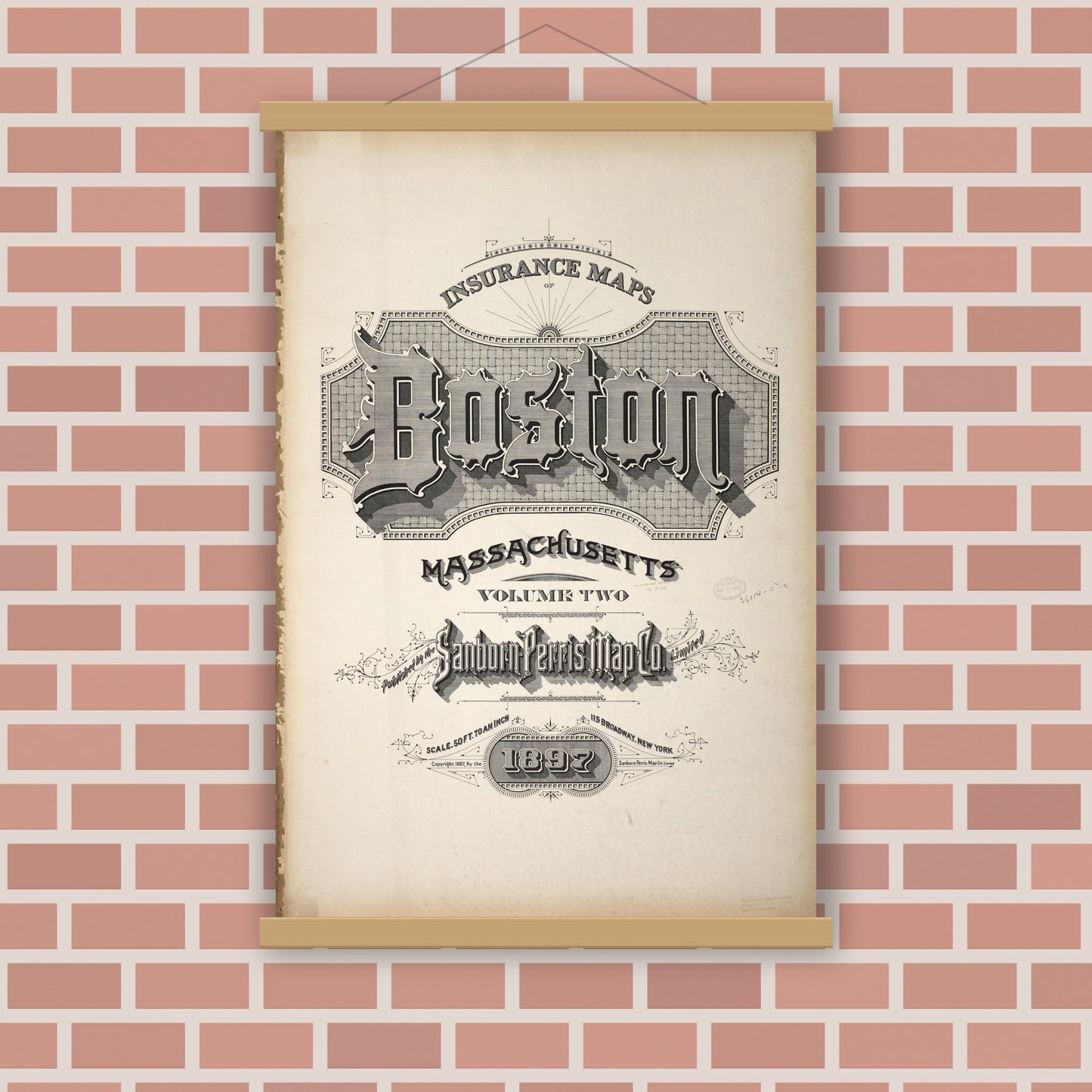 Old map wall art mockup — magnetic wood frame on brick wall — Sanborn Fire Insurance Map from Boston, Suffolk County, Massachusetts (1897), Sheet #0001