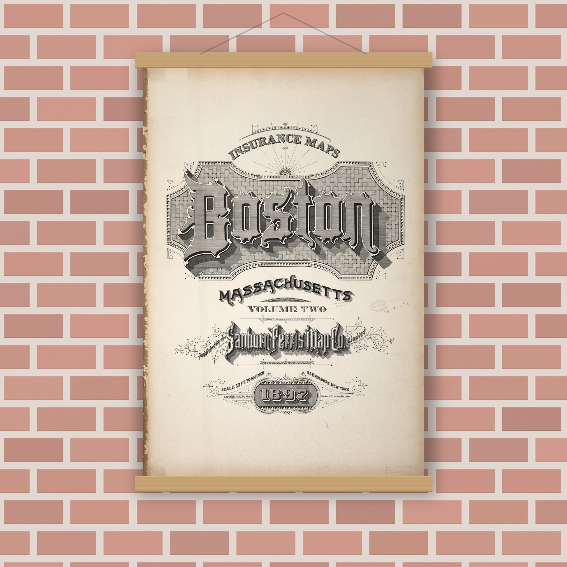 Old map wall art mockup — magnetic wood frame on brick wall — Sanborn Fire Insurance Map from Boston, Suffolk County, Massachusetts (1897), Sheet #0001
