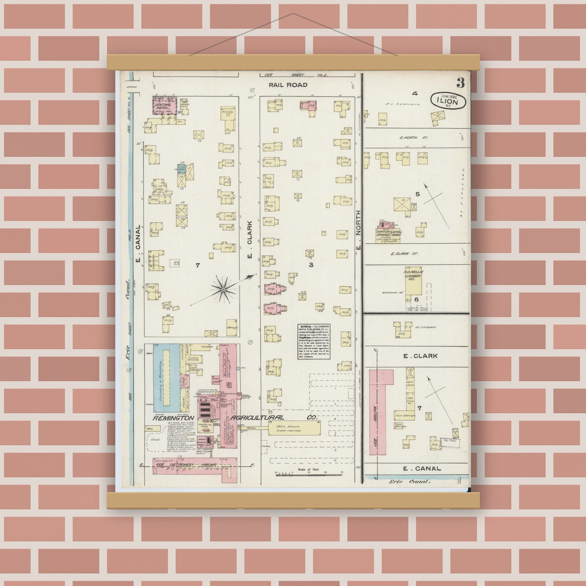 Old map wall art mockup — magnetic wood frame on brick wall — Sanborn Fire Insurance Map from Ilion, Herkimer County, New York (1884), Sheet #0003