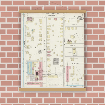 Old map wall art mockup — magnetic wood frame on brick wall — Sanborn Fire Insurance Map from Ilion, Herkimer County, New York (1884), Sheet #0003