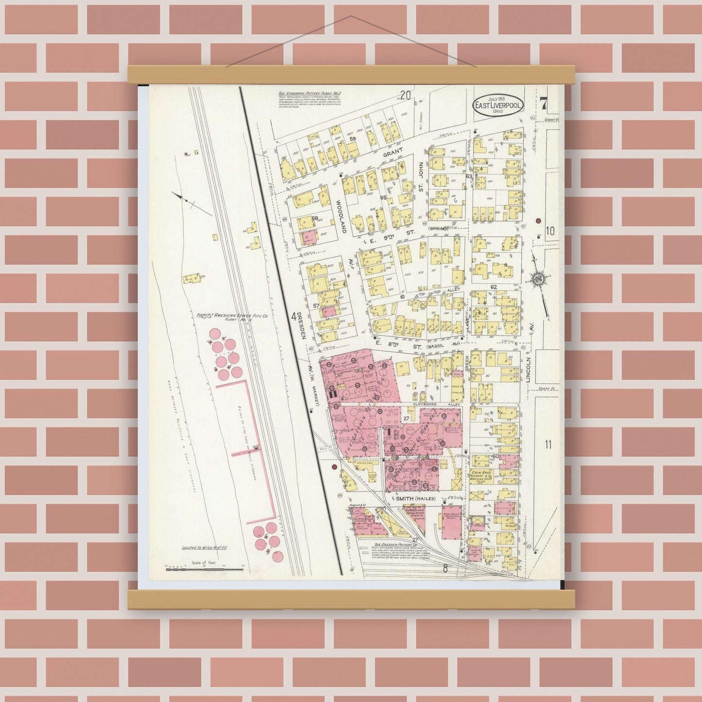 Old map wall art mockup — magnetic wood frame on brick wall — Sanborn Fire Insurance Map from East Liverpool, Columbiana County, Ohio (1913), Sheet #0007