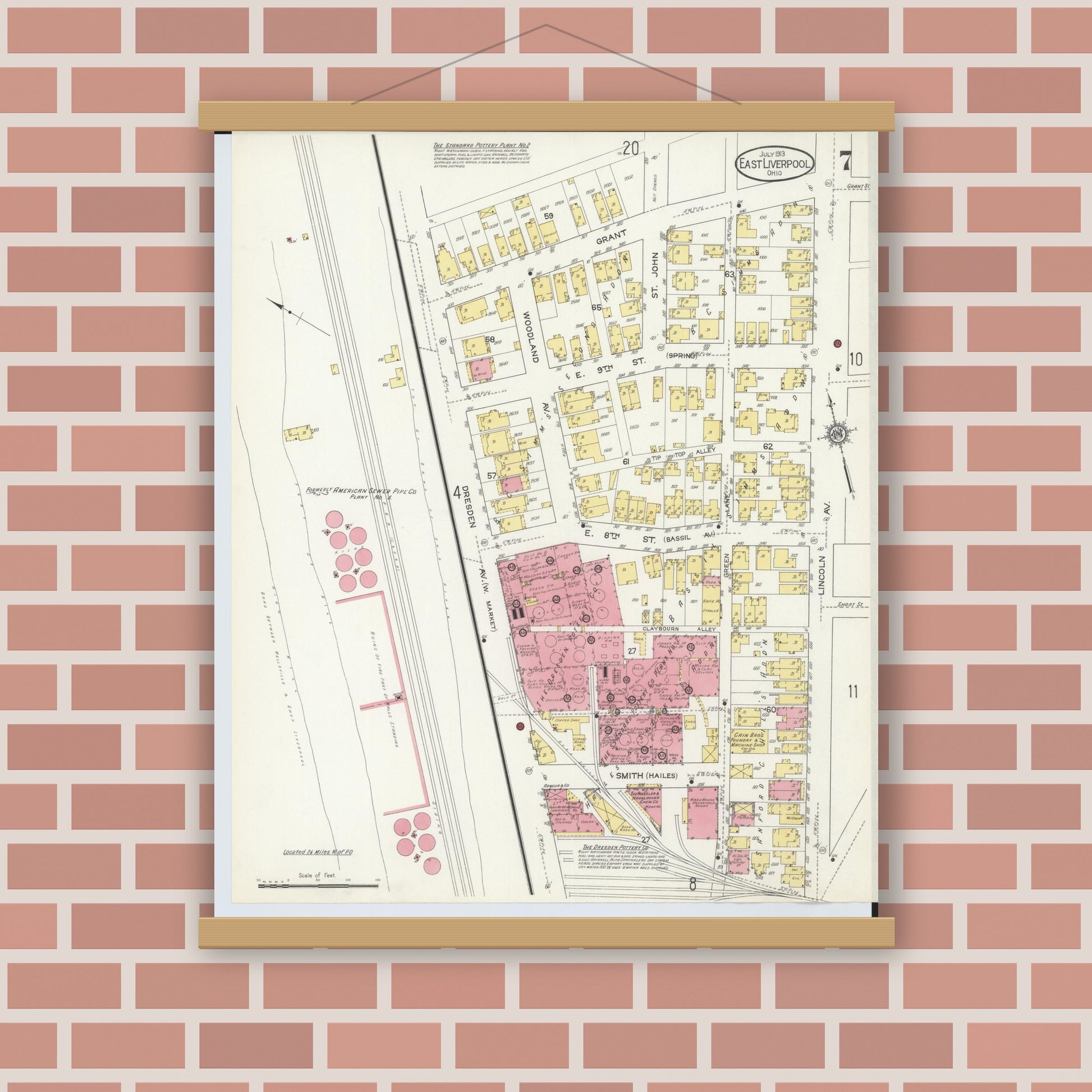 Old map wall art mockup — magnetic wood frame on brick wall — Sanborn Fire Insurance Map from East Liverpool, Columbiana County, Ohio (1913), Sheet #0007
