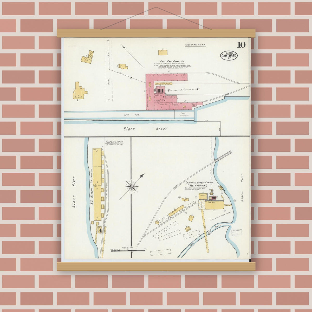 Old map wall art mockup — magnetic wood frame on brick wall — Sanborn Fire Insurance Map from Carthage, Jefferson County, New York (1902), Sheet #0010