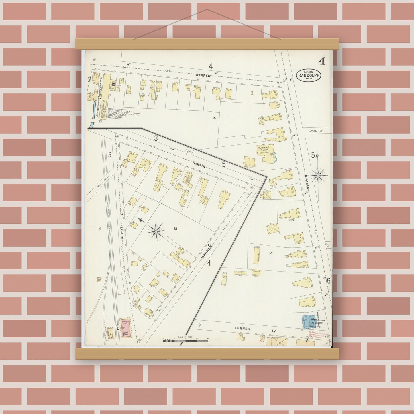 Old map wall art mockup — magnetic wood frame on brick wall — Sanborn Fire Insurance Map from Randolph, Norfolk County, Massachusetts (1897), Sheet #0004
