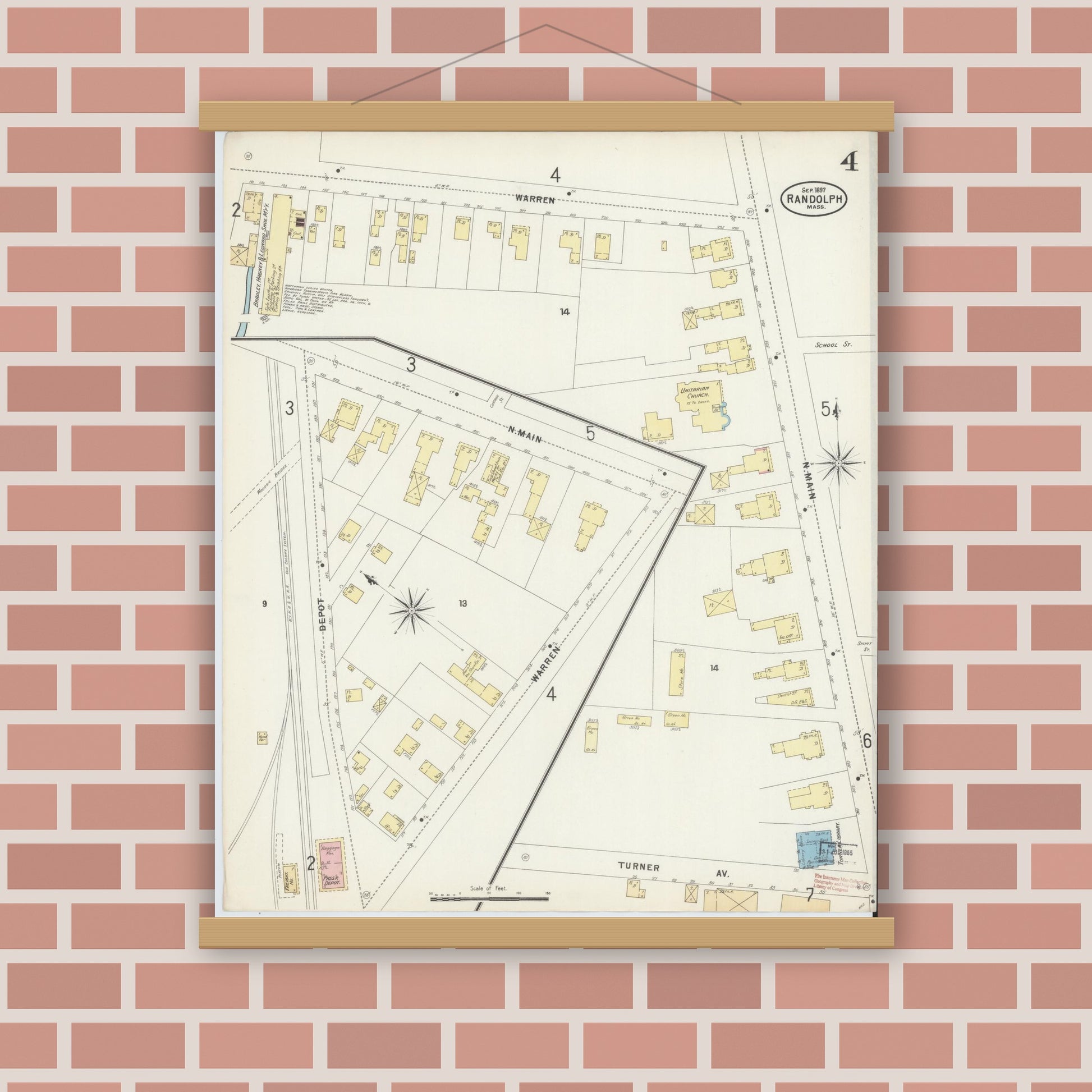 Old map wall art mockup — magnetic wood frame on brick wall — Sanborn Fire Insurance Map from Randolph, Norfolk County, Massachusetts (1897), Sheet #0004