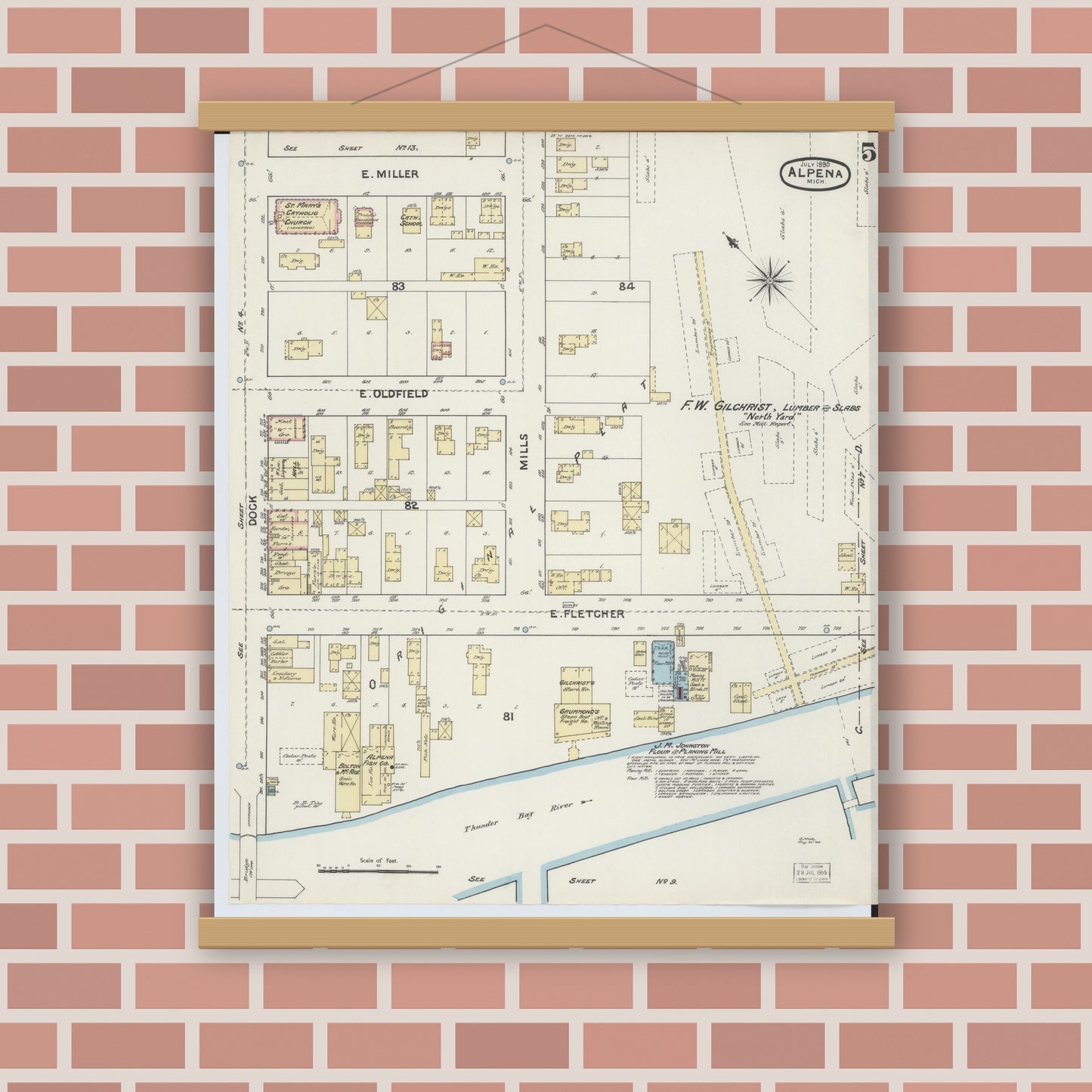 Old map wall art mockup — magnetic wood frame on brick wall — Sanborn Fire Insurance Map from Alpena, Alpena County, Michigan (1890), Sheet #0005
