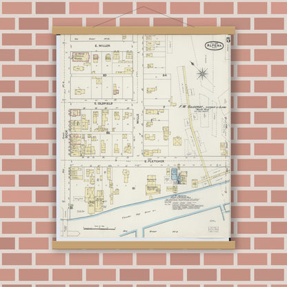 Old map wall art mockup — magnetic wood frame on brick wall — Sanborn Fire Insurance Map from Alpena, Alpena County, Michigan (1890), Sheet #0005