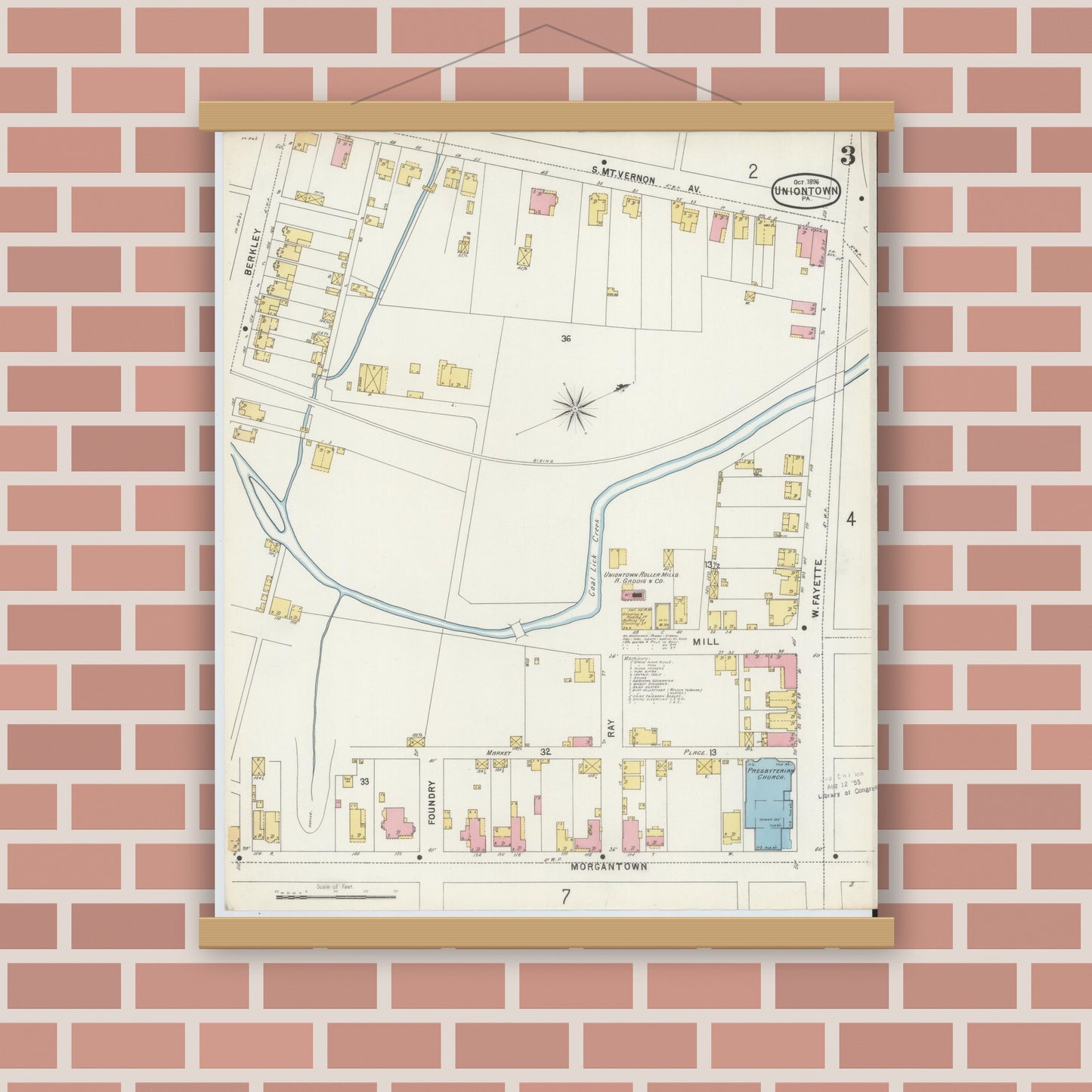 Old map wall art mockup — magnetic wood frame on brick wall — Sanborn Fire Insurance Map from Uniontown, Fayette County, Pennsylvania (1896), Sheet #0003