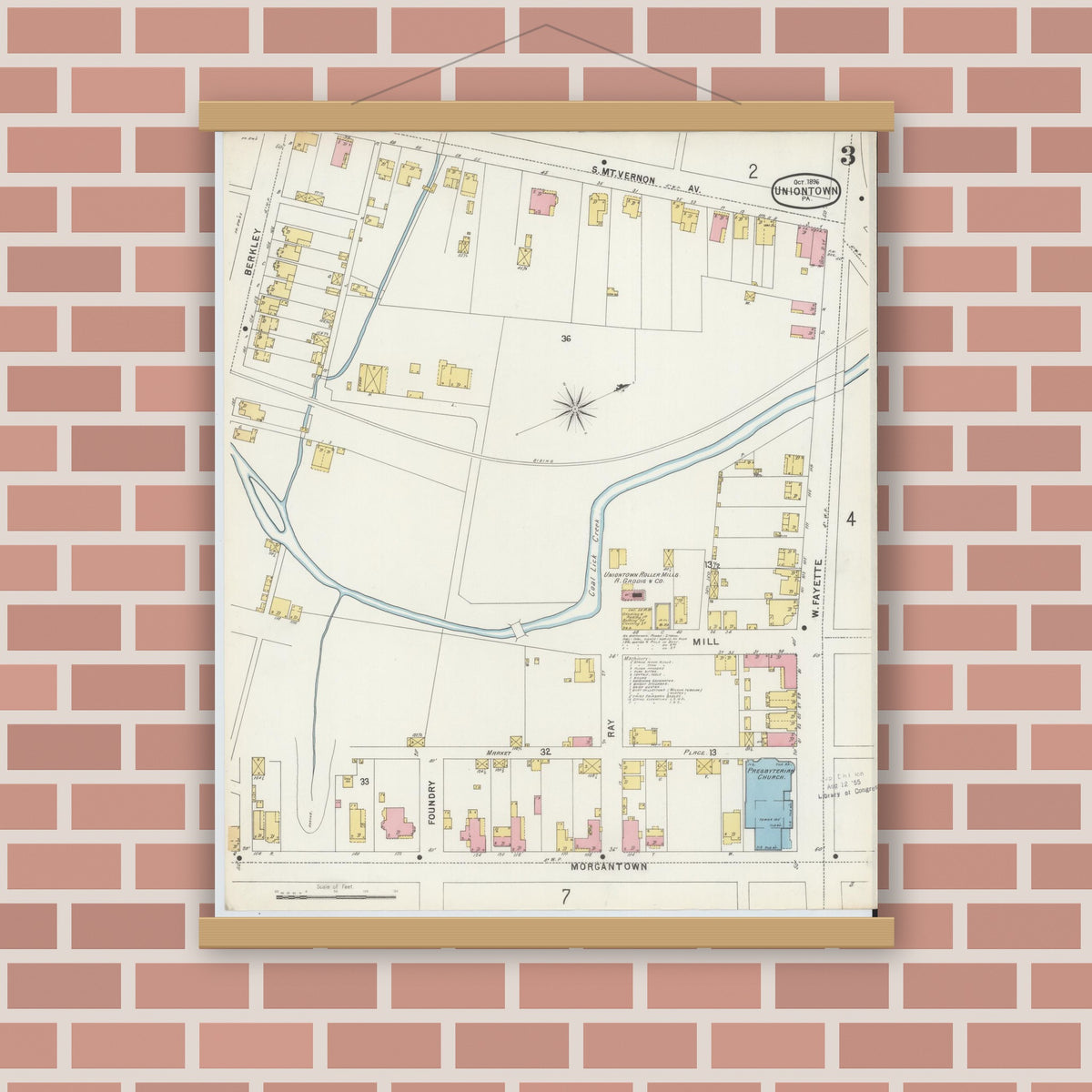 Old map wall art mockup — magnetic wood frame on brick wall — Sanborn Fire Insurance Map from Uniontown, Fayette County, Pennsylvania (1896), Sheet #0003