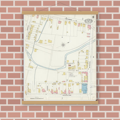 Old map wall art mockup — magnetic wood frame on brick wall — Sanborn Fire Insurance Map from Uniontown, Fayette County, Pennsylvania (1896), Sheet #0003