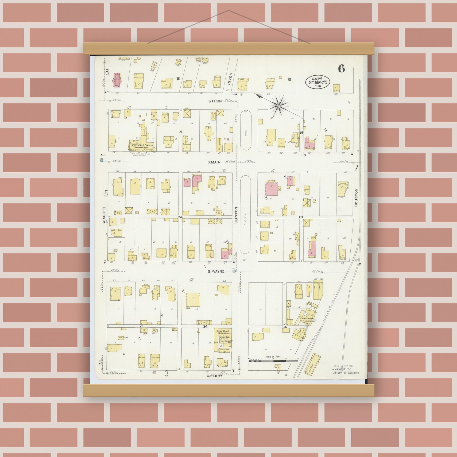 Old map wall art mockup — magnetic wood frame on brick wall — Sanborn Fire Insurance Map from Saint Marys, Auglaize County, Ohio (1907), Sheet #0006