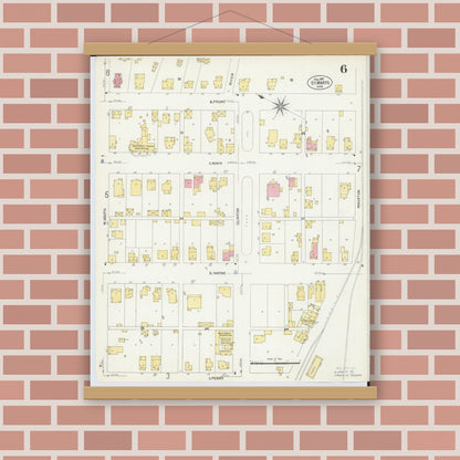 Old map wall art mockup — magnetic wood frame on brick wall — Sanborn Fire Insurance Map from Saint Marys, Auglaize County, Ohio (1907), Sheet #0006