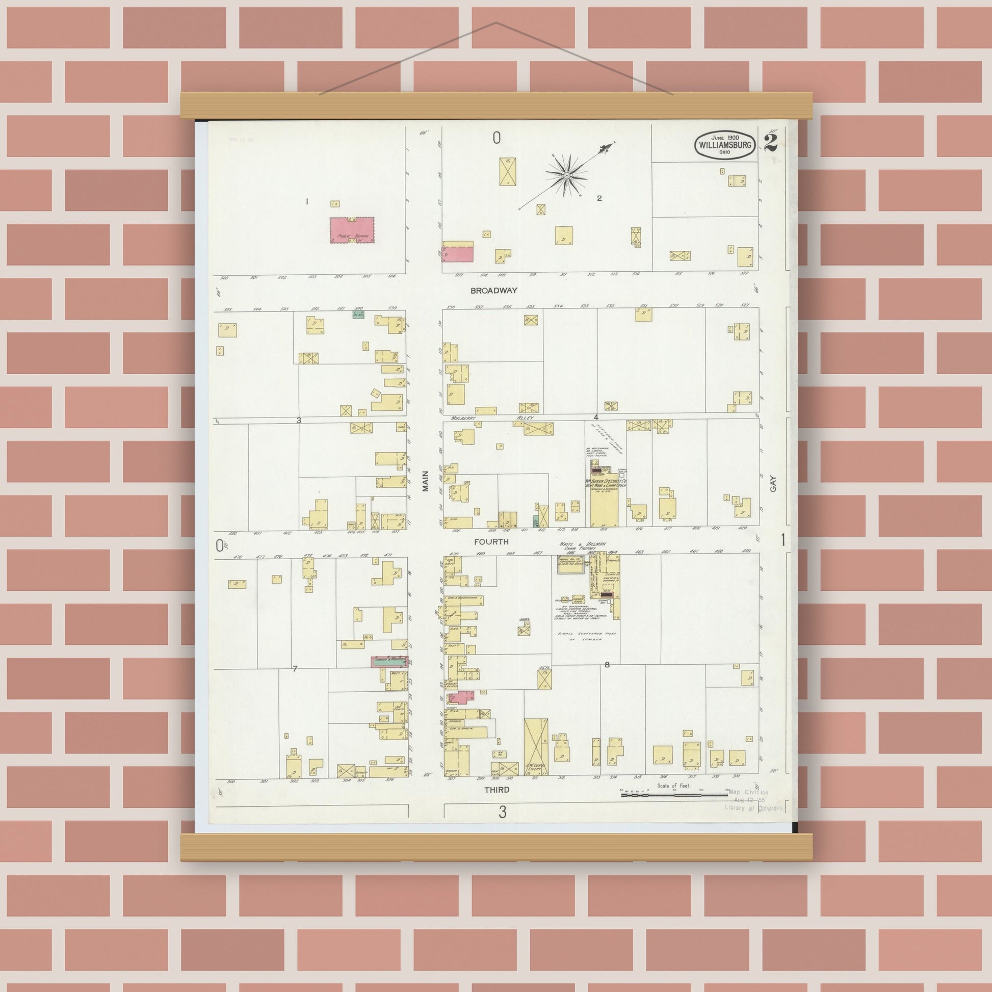 Old map wall art mockup — magnetic wood frame on brick wall — Sanborn Fire Insurance Map from Williamsburg, Clermont County, Ohio (1900), Sheet #0002