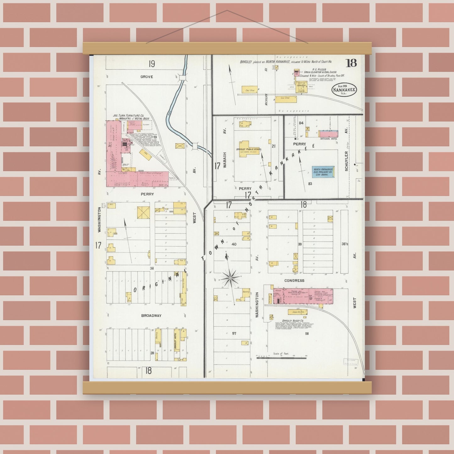 Old map wall art mockup — magnetic wood frame on brick wall — Sanborn Fire Insurance Map from Kankakee, Kankakee County, Illinois (1901), Sheet #0018