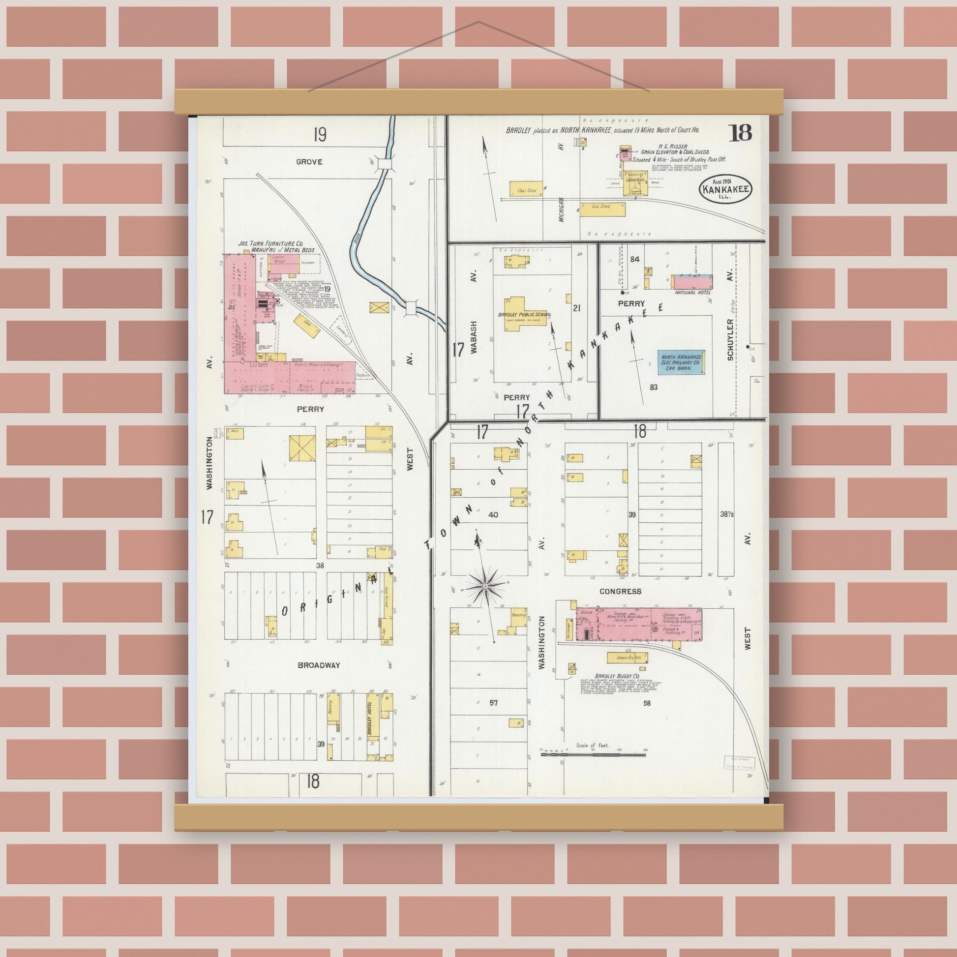 Old map wall art mockup — magnetic wood frame on brick wall — Sanborn Fire Insurance Map from Kankakee, Kankakee County, Illinois (1901), Sheet #0018
