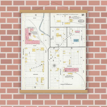 Old map wall art mockup — magnetic wood frame on brick wall — Sanborn Fire Insurance Map from Kankakee, Kankakee County, Illinois (1901), Sheet #0018
