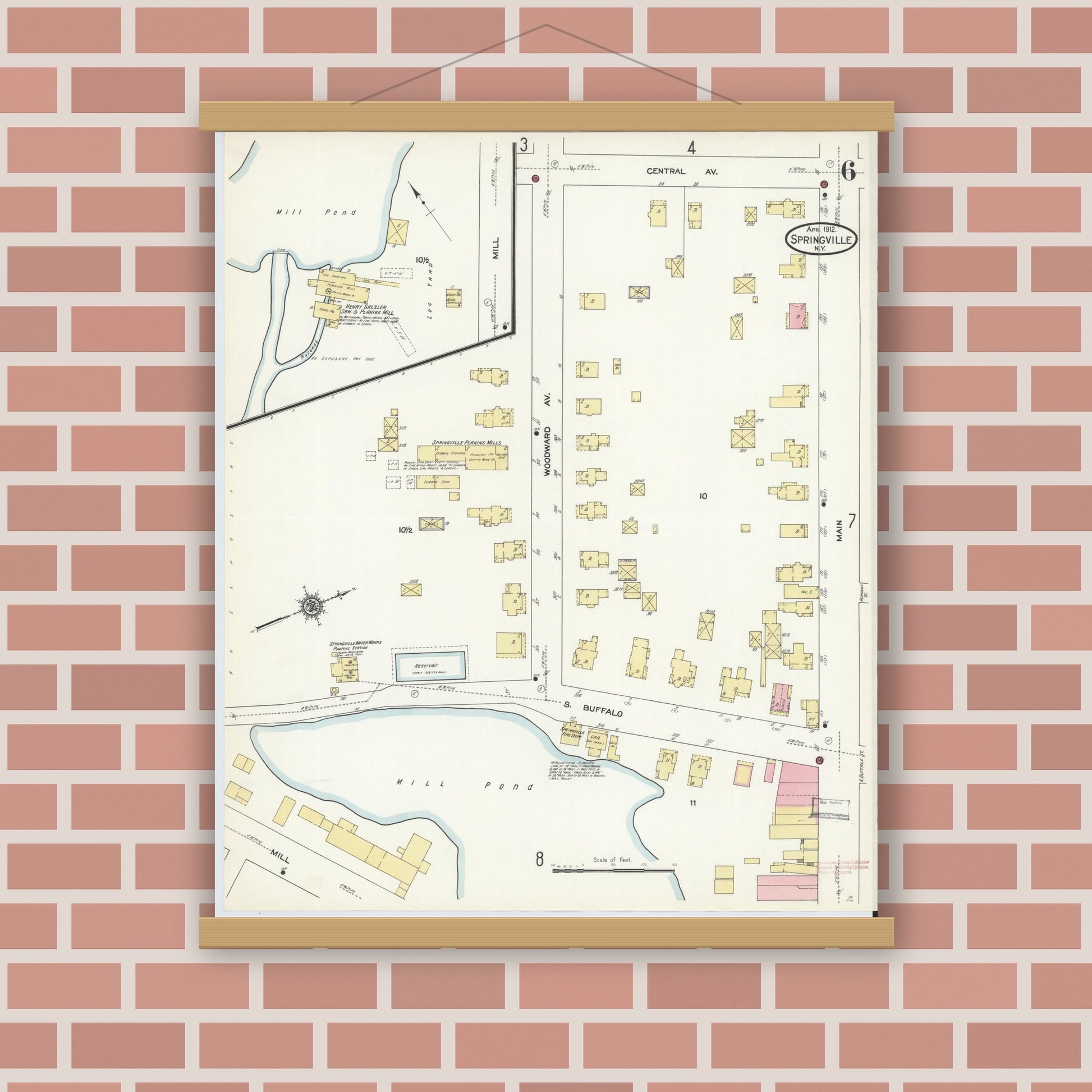 Old map wall art mockup — magnetic wood frame on brick wall — Sanborn Fire Insurance Map from Springville, Erie County, New York (1912), Sheet #0006