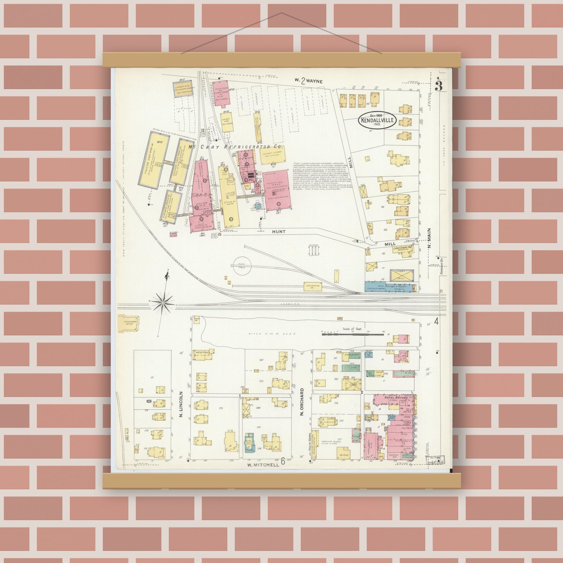 Old map wall art mockup — magnetic wood frame on brick wall — Sanborn Fire Insurance Map from Kendallville, Noble County, Indiana (1908), Sheet #0003