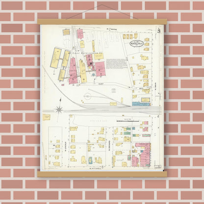 Old map wall art mockup — magnetic wood frame on brick wall — Sanborn Fire Insurance Map from Kendallville, Noble County, Indiana (1908), Sheet #0003