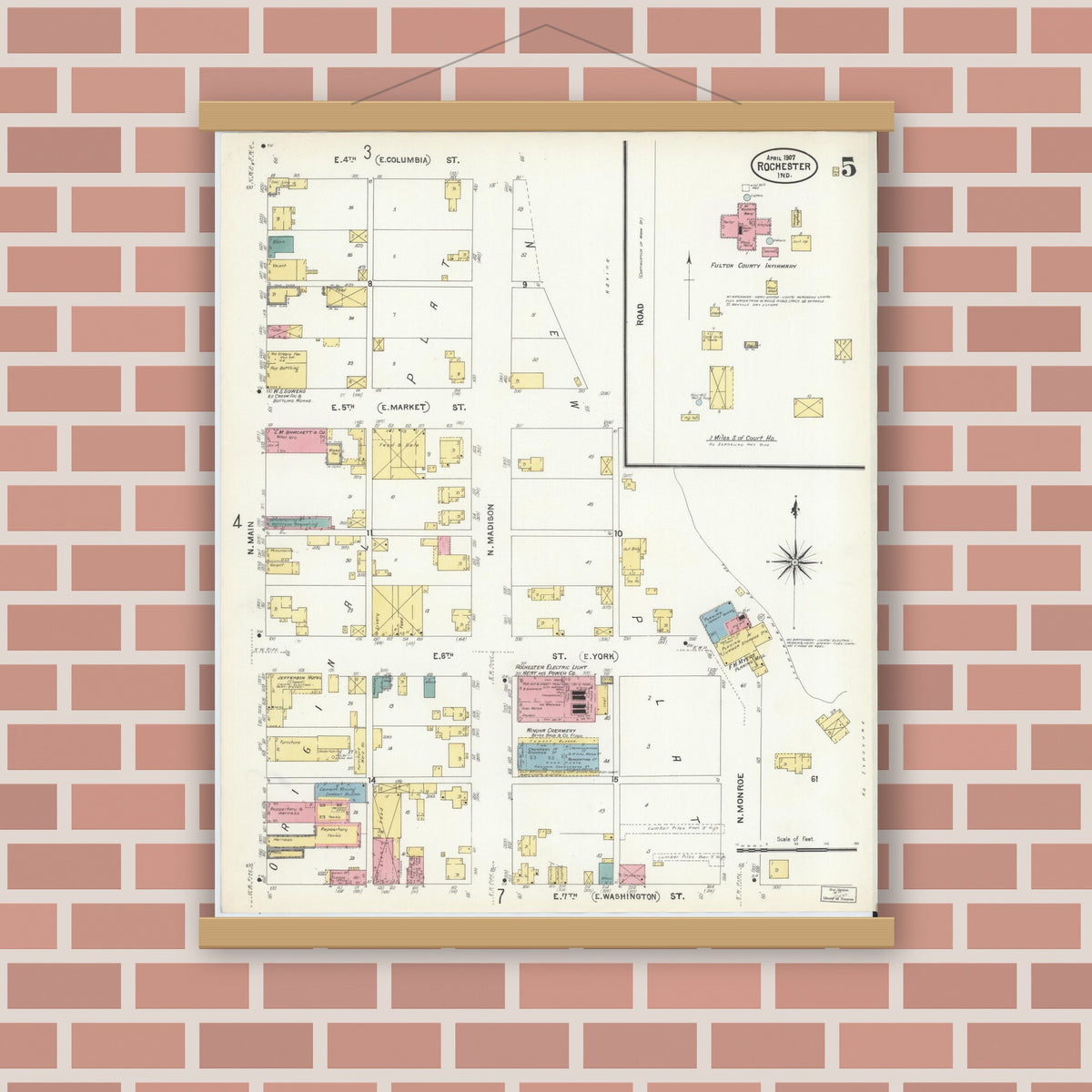 Old map wall art mockup — magnetic wood frame on brick wall — Sanborn Fire Insurance Map from Rochester, Fulton County, Indiana (1907), Sheet #0005