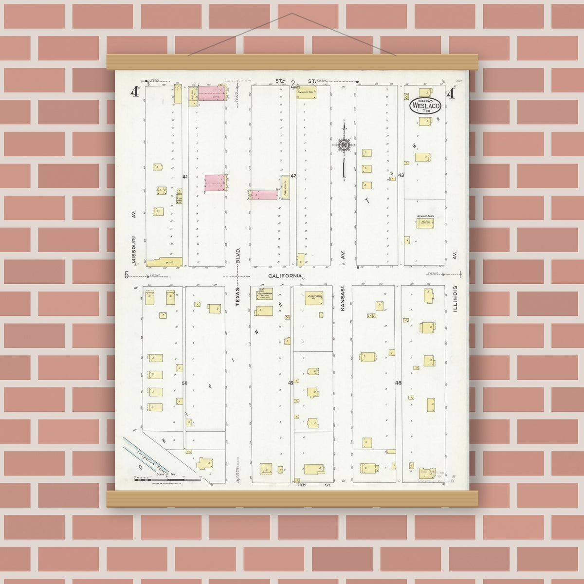 Old map wall art mockup — magnetic wood frame on brick wall — Sanborn Fire Insurance Map from Weslaco, Hidalgo County, Texas (1925), Sheet #0004