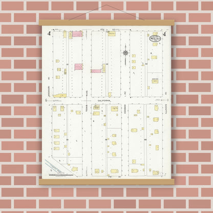 Old map wall art mockup — magnetic wood frame on brick wall — Sanborn Fire Insurance Map from Weslaco, Hidalgo County, Texas (1925), Sheet #0004