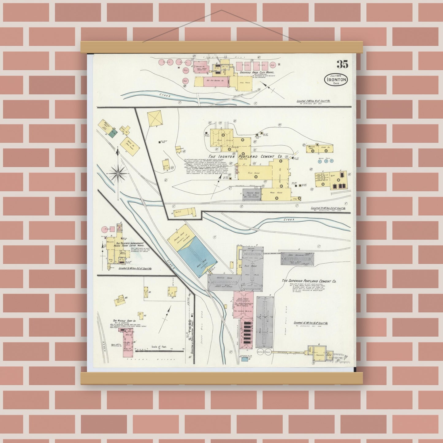 Old map wall art mockup — magnetic wood frame on brick wall — Sanborn Fire Insurance Map from Ironton, Lawrence County, Ohio (1909), Sheet #0035