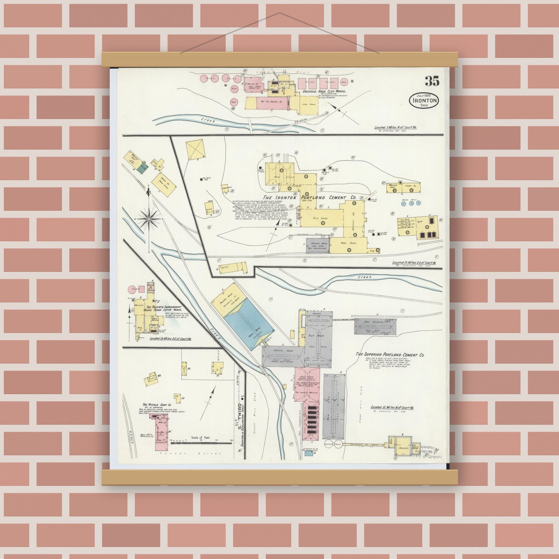 Old map wall art mockup — magnetic wood frame on brick wall — Sanborn Fire Insurance Map from Ironton, Lawrence County, Ohio (1909), Sheet #0035