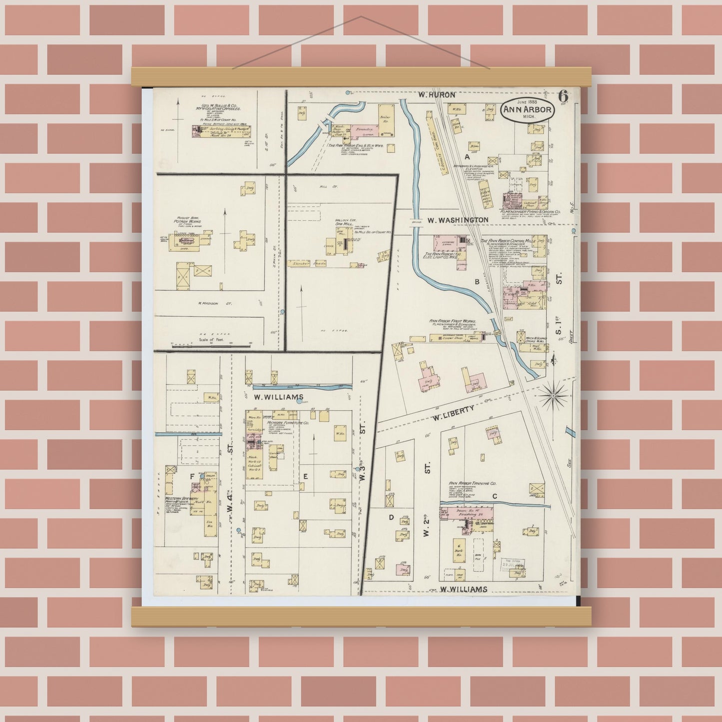 Old map wall art mockup — magnetic wood frame on brick wall — Sanborn Fire Insurance Map from Ann Arbor, Washtenaw County, Michigan (1888), Sheet #0006