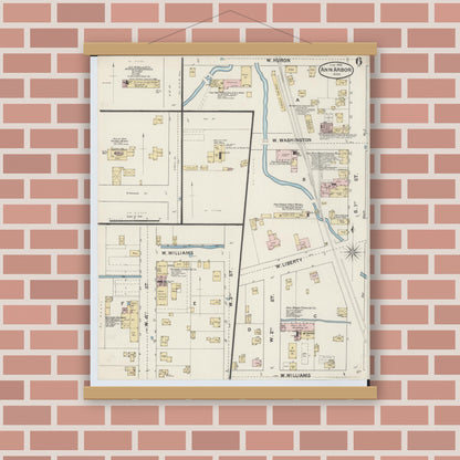 Old map wall art mockup — magnetic wood frame on brick wall — Sanborn Fire Insurance Map from Ann Arbor, Washtenaw County, Michigan (1888), Sheet #0006