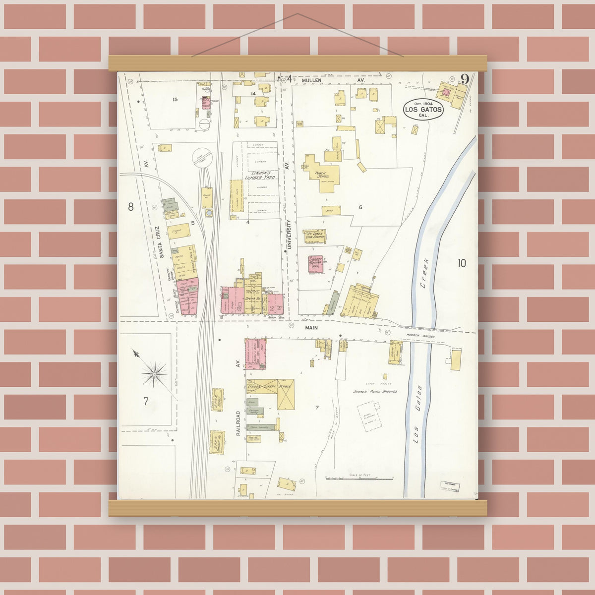 Old map wall art mockup — magnetic wood frame on brick wall — Sanborn Fire Insurance Map from Los Gatos, Santa Clara County, California (1904), Sheet #0009