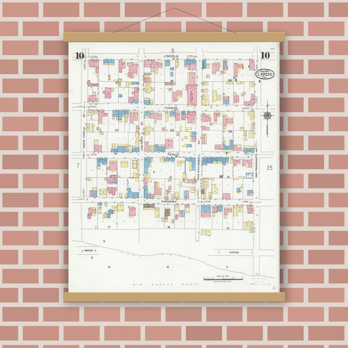Old map wall art mockup — magnetic wood frame on brick wall — Sanborn Fire Insurance Map from Laredo, Webb County, Texas (1925), Sheet #0010