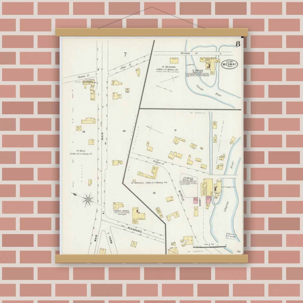 Old map wall art mockup — magnetic wood frame on brick wall — Sanborn Fire Insurance Map from Medway, Norfolk County, Massachusetts (1897), Sheet #0008