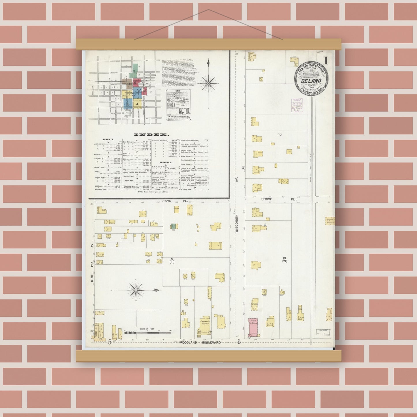 Old map wall art mockup — magnetic wood frame on brick wall — Sanborn Fire Insurance Map from De Land, Volusia County, Florida (1903) - Complete Map Set
