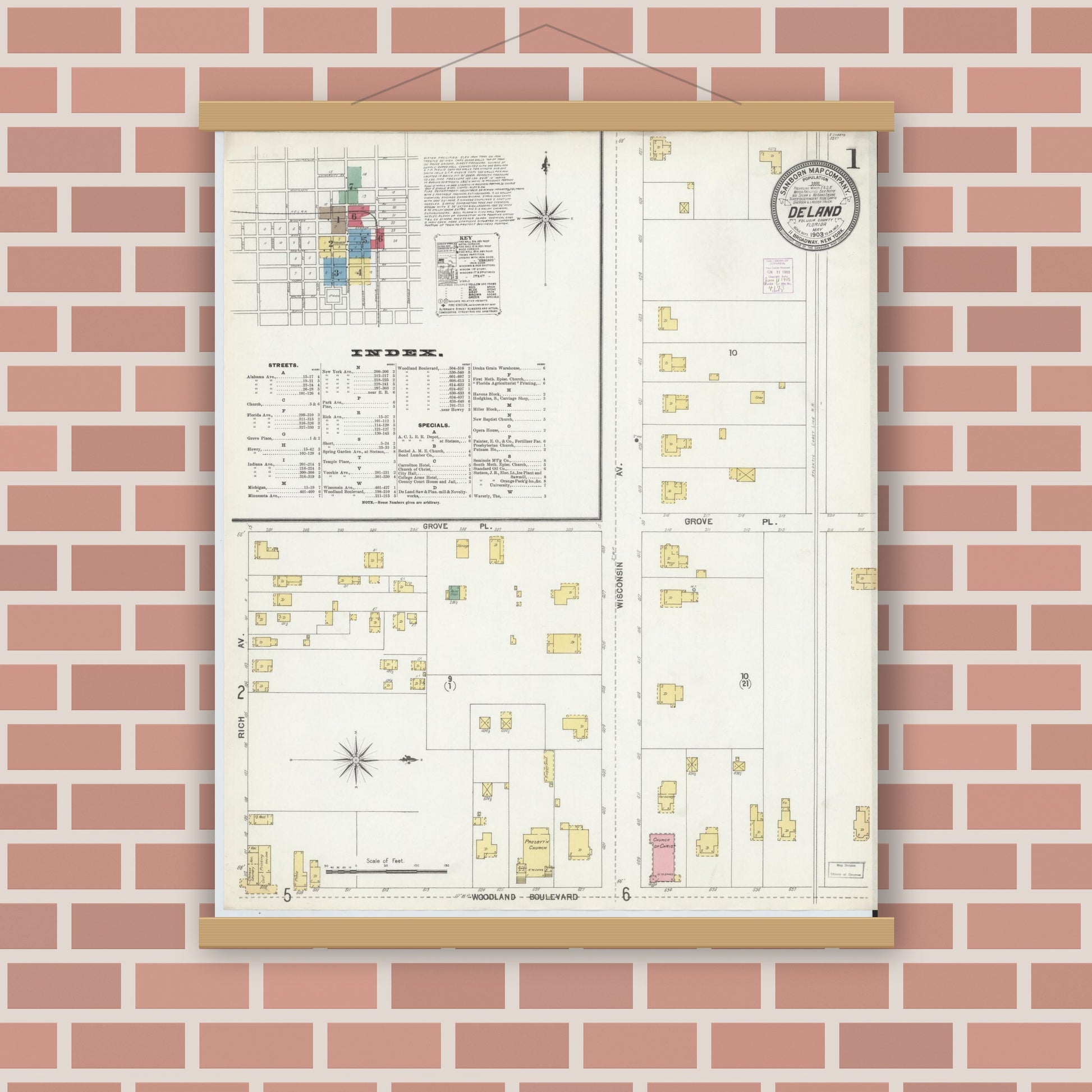 Old map wall art mockup — magnetic wood frame on brick wall — Sanborn Fire Insurance Map from De Land, Volusia County, Florida (1903) - Complete Map Set
