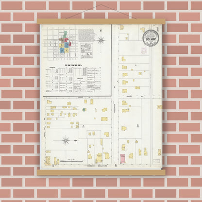 Old map wall art mockup — magnetic wood frame on brick wall — Sanborn Fire Insurance Map from De Land, Volusia County, Florida (1903) - Complete Map Set