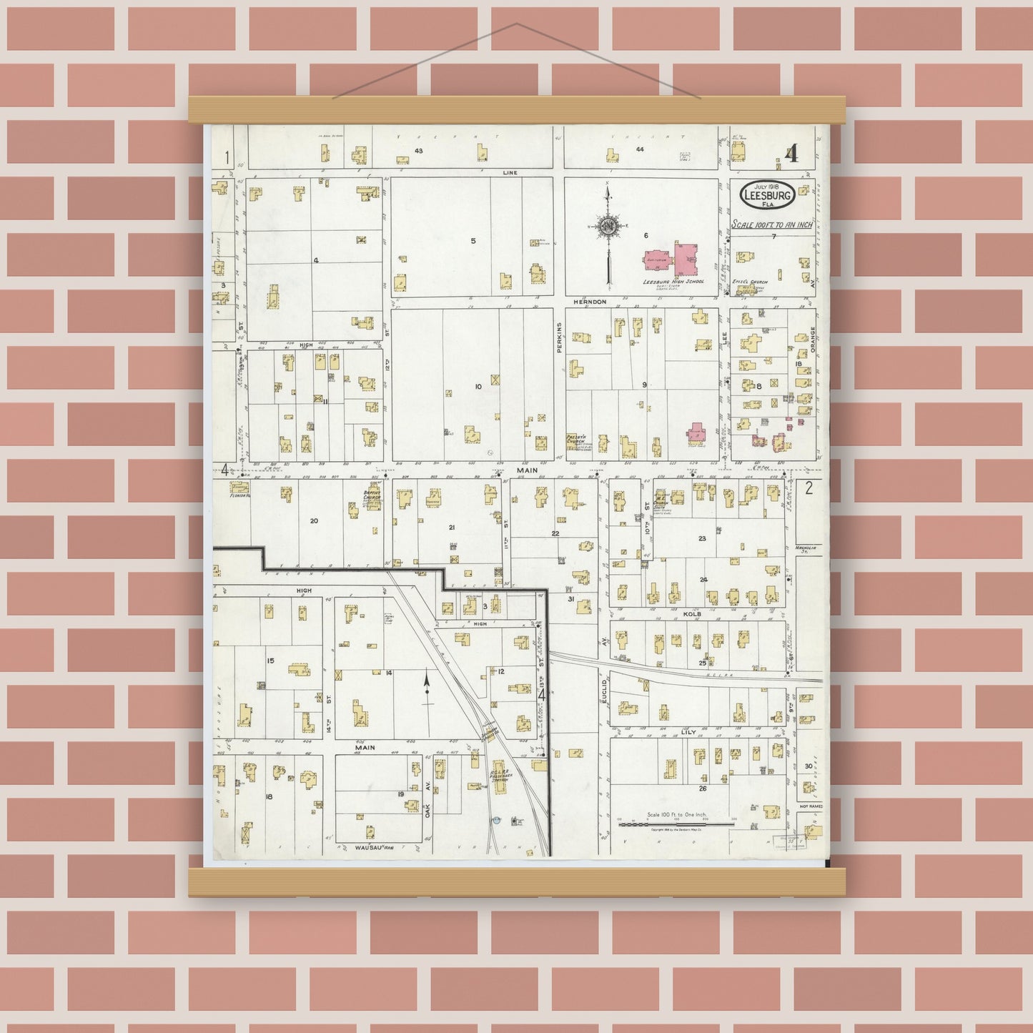 Old map wall art mockup — magnetic wood frame on brick wall — Sanborn Fire Insurance Map from Leesburg, Lake County, Florida (1918), Sheet #0004