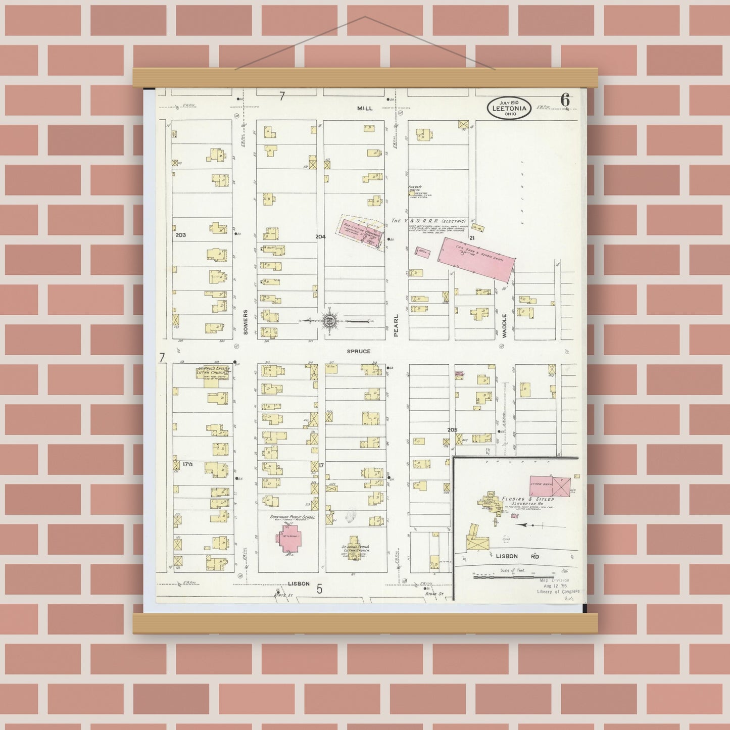 Old map wall art mockup — magnetic wood frame on brick wall — Sanborn Fire Insurance Map from Leetonia, Columbiana County, Ohio (1910), Sheet #0006