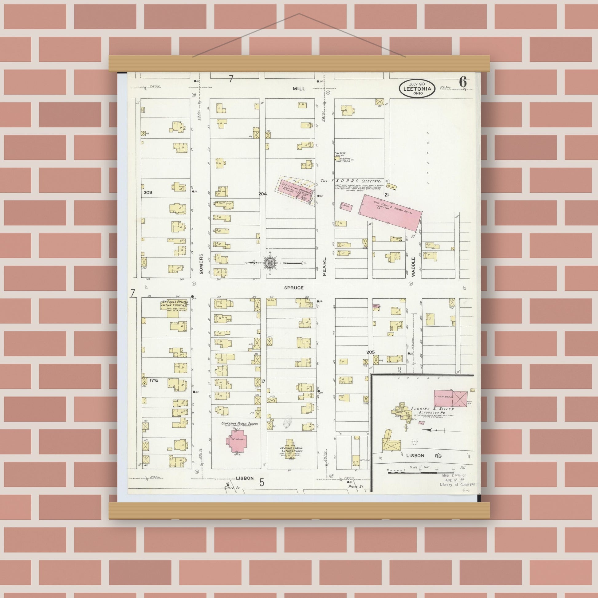 Old map wall art mockup — magnetic wood frame on brick wall — Sanborn Fire Insurance Map from Leetonia, Columbiana County, Ohio (1910), Sheet #0006