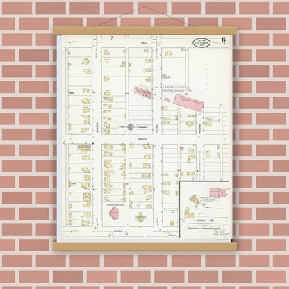 Old map wall art mockup — magnetic wood frame on brick wall — Sanborn Fire Insurance Map from Leetonia, Columbiana County, Ohio (1910), Sheet #0006