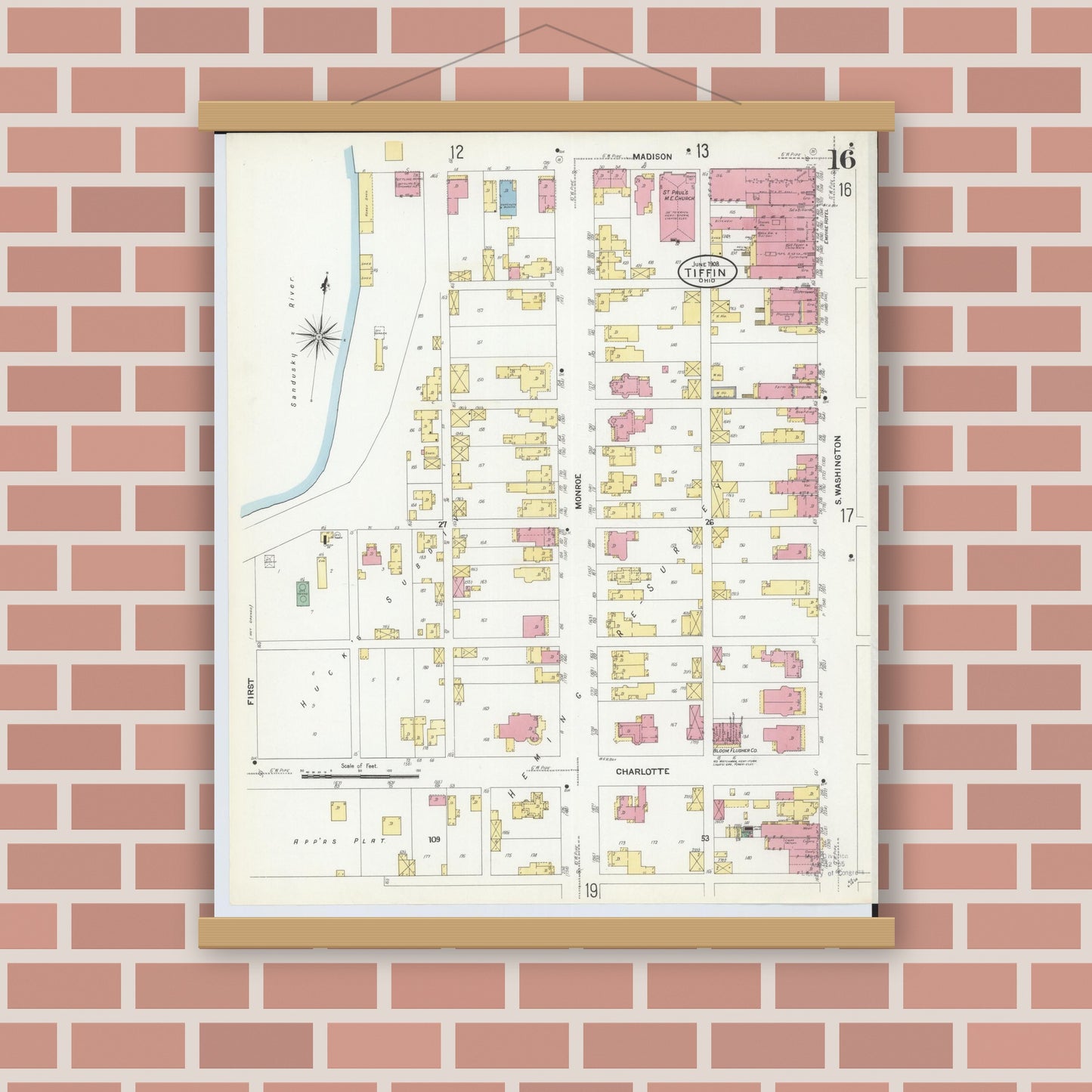 Old map wall art mockup — magnetic wood frame on brick wall — Sanborn Fire Insurance Map from Tiffin, Seneca County, Ohio (1908), Sheet #0016