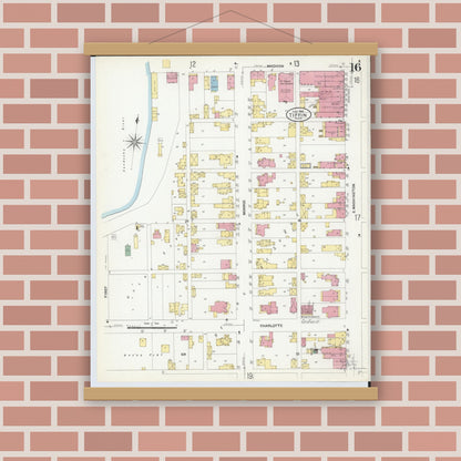 Old map wall art mockup — magnetic wood frame on brick wall — Sanborn Fire Insurance Map from Tiffin, Seneca County, Ohio (1908), Sheet #0016
